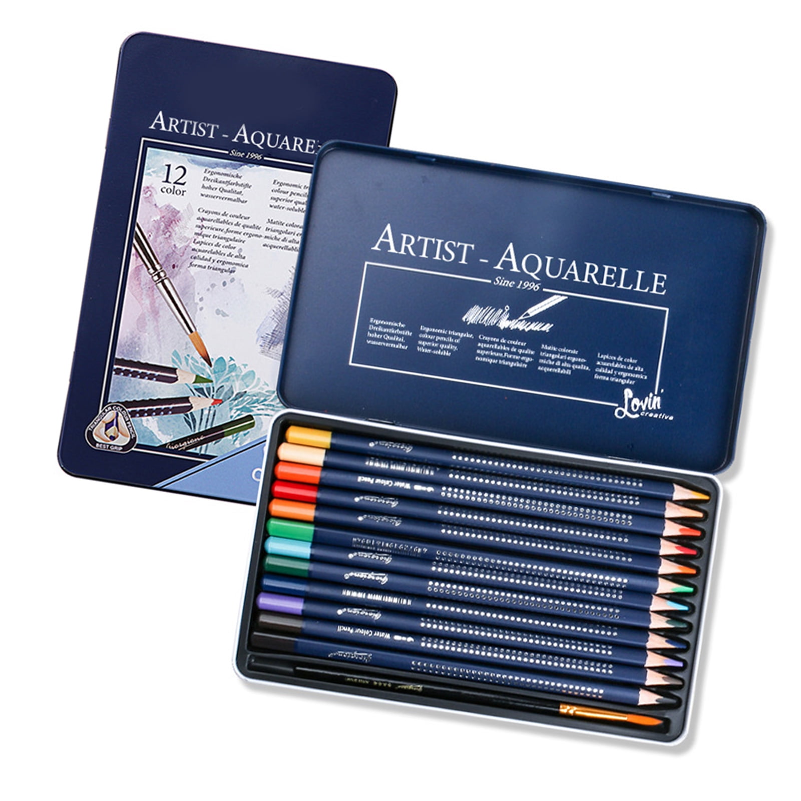 Watercolor Colouring Pencils Set with Metal Case For Kid Adults Artist Sketching Pre Sharpened Colored Pencil With Brush