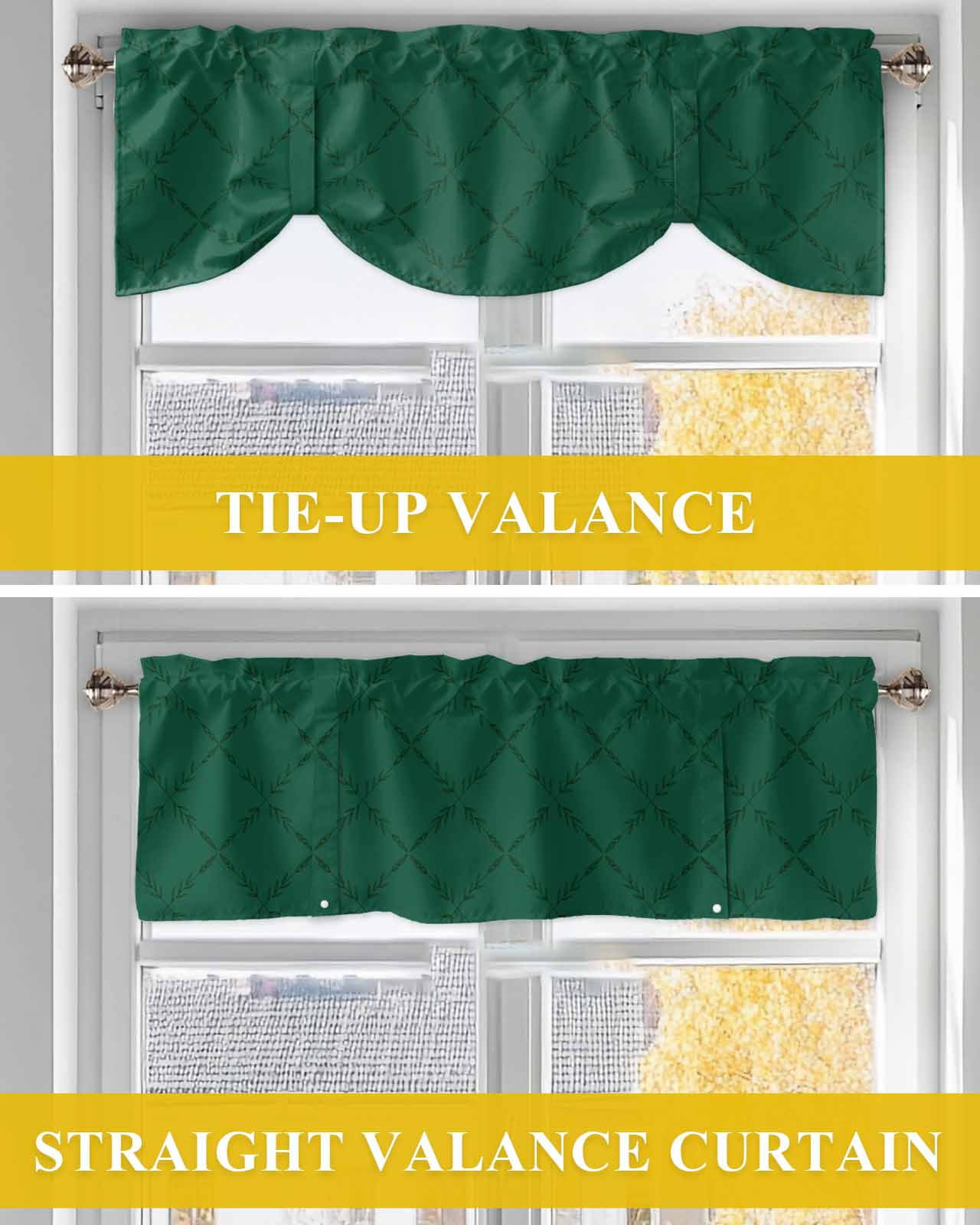 Green Rhombus Tie Up Valances Curtain, Adjustable Kitchen Modern Green Plaid Abstract Geometric Diamond Lattice Valances for Windows Decor, Rod Pocket Short Curtains Set for Bedroom/Bathroom, 54"x18"