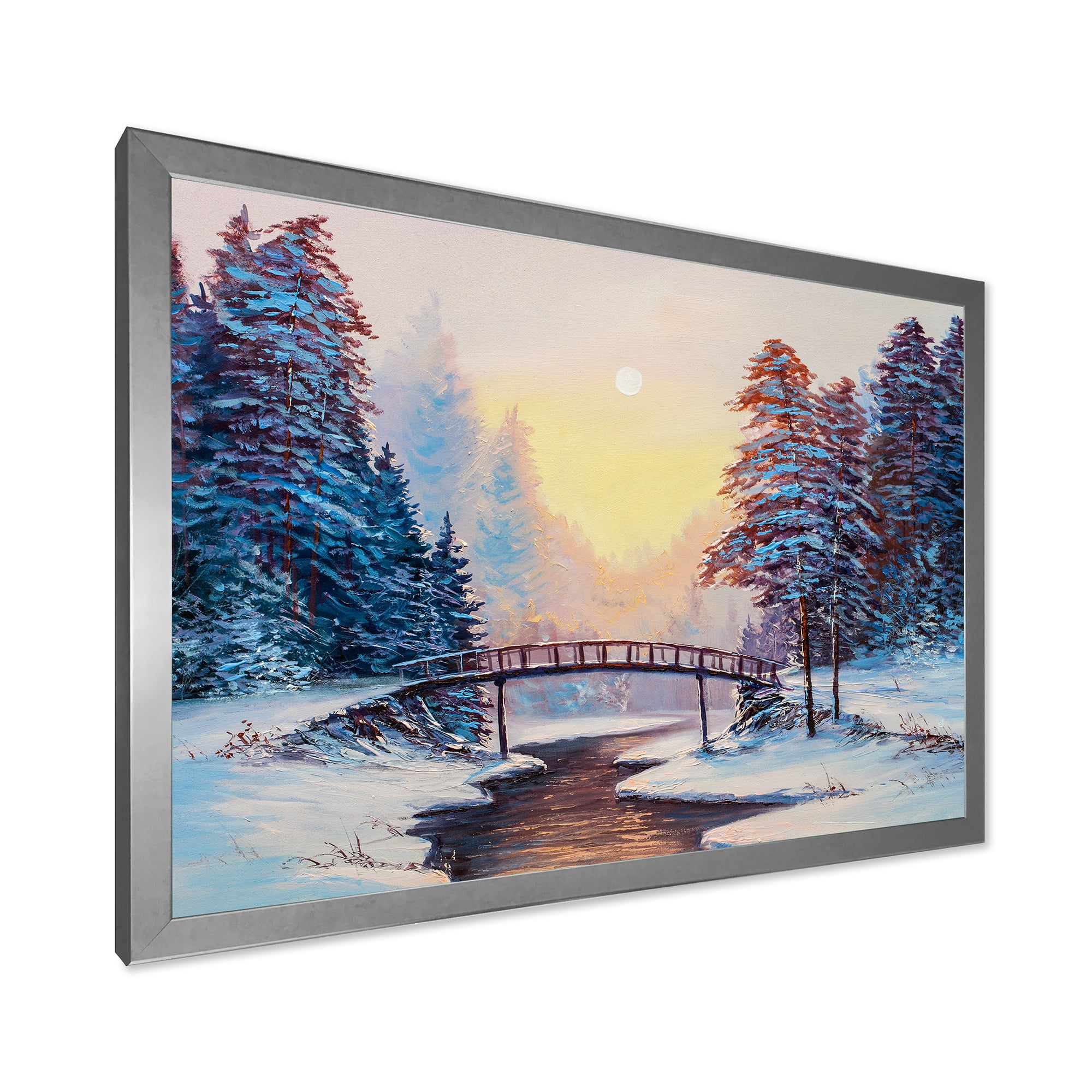 Designart 'Snow Covered Landscape and Little Bridge' Traditional Framed Art Print
