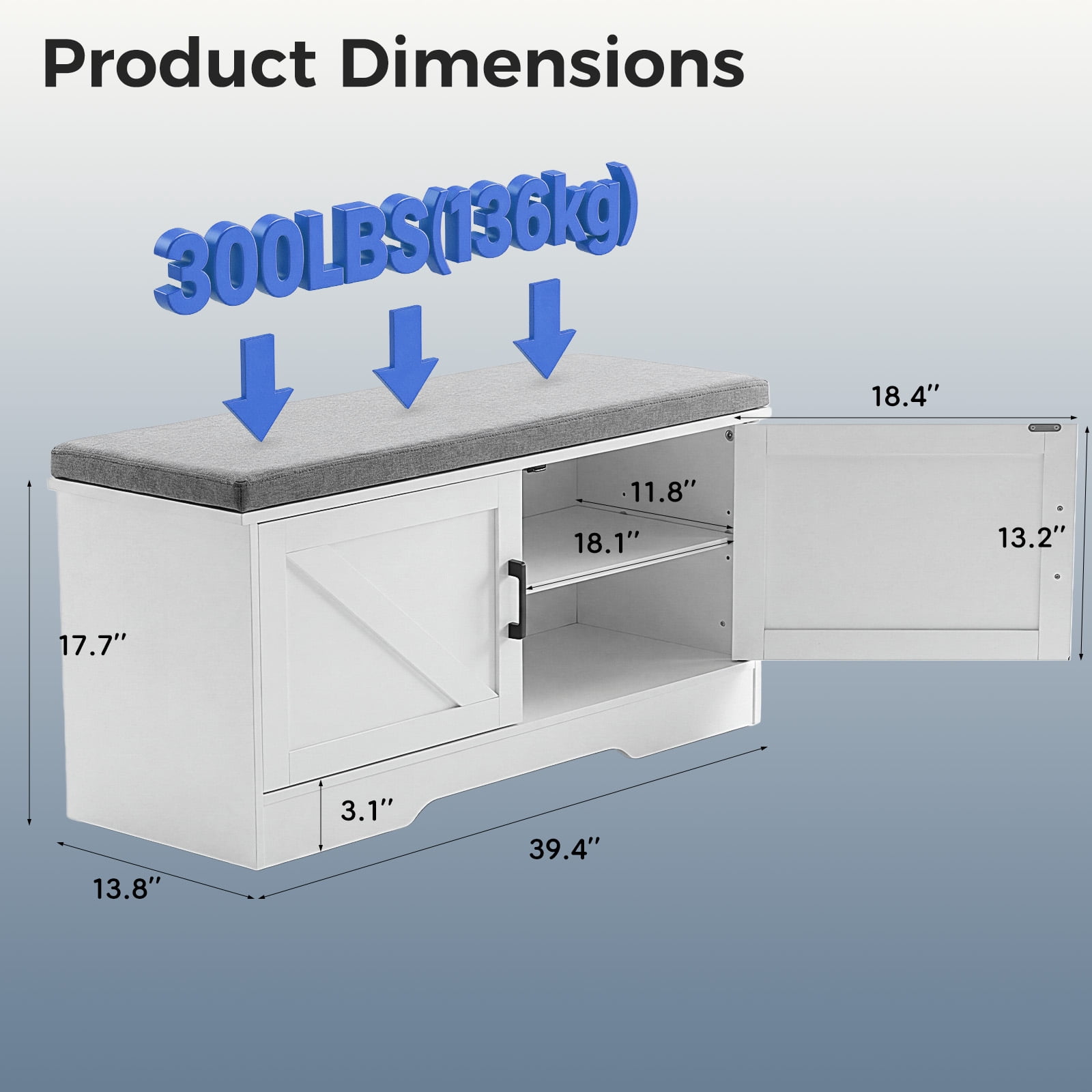 Hommoo Wooden Shoe Storage Cabinet with Cushioned Seat, 39-inch Modern Entryway Organizer for Living Room, Hallway & Bedroom, White & Gray