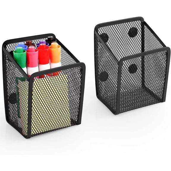 HUANOR Magnetic Pencil Holder for Whiteboard, Extra Strong Magnets Mesh Marker Holder for Refrigerator, Locker, Classroom & Office, 2 Pack (1-Compartment)