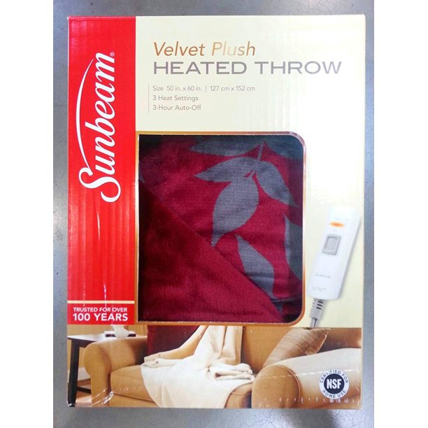 Sunbeam Velvet Plush Electric Heated Throw with 3 Heat Settings and AutoOff, Machine Washable