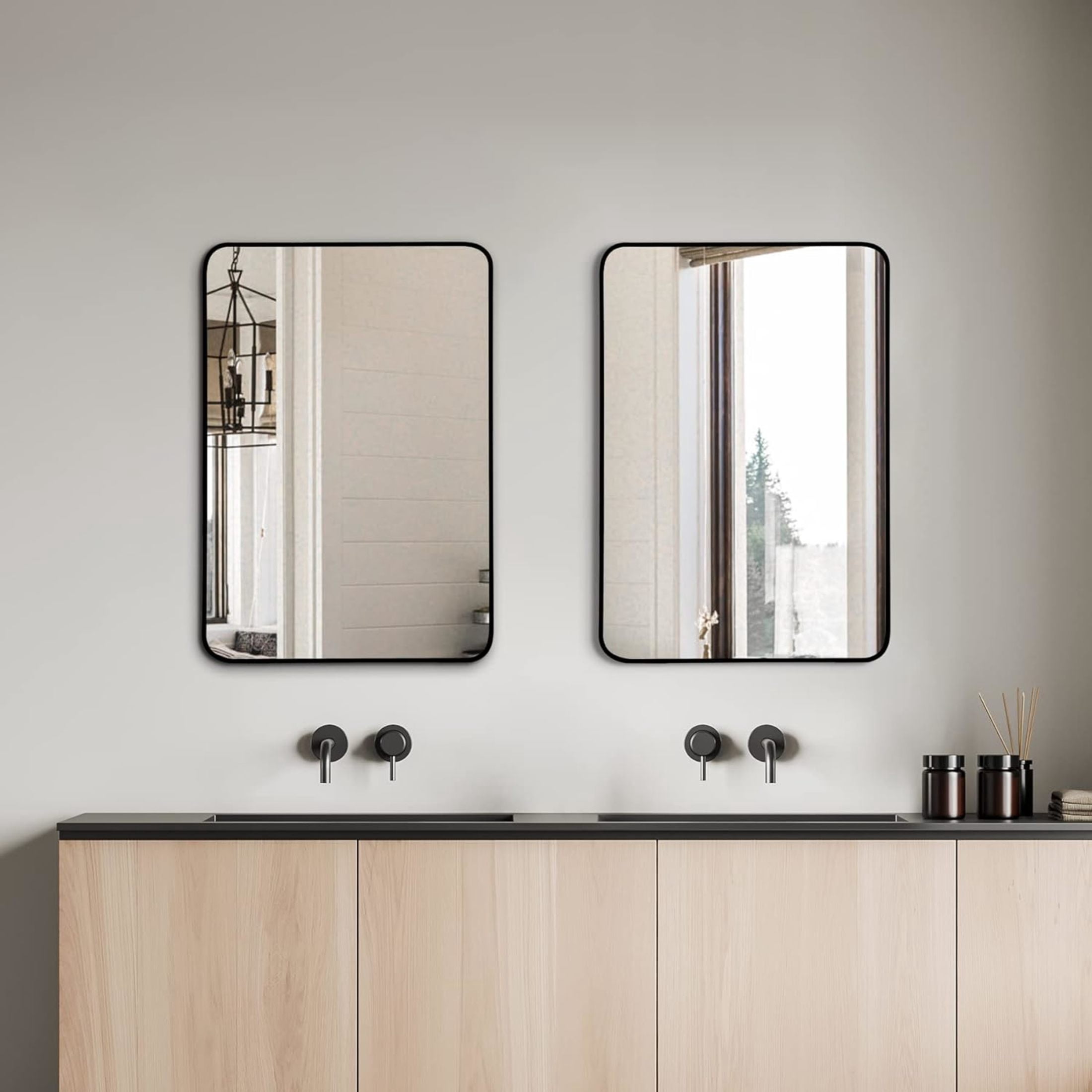 Noble House 24"x32" Rectangular Bathroom Wall Mirror, Aluminum Alloy Frame, HD Shatterproof Glass, Black