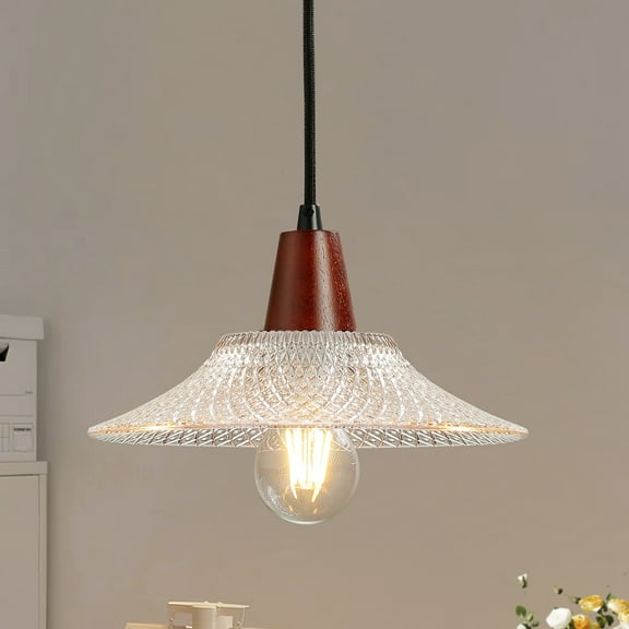 Pendant Light with Clear Striped Glass Lampshade, Modern Farmhouse Pendant Light Fixture, Hanging Island Light for Dining Room Living Room Hallway(Bulb Not Included) Pendant Light