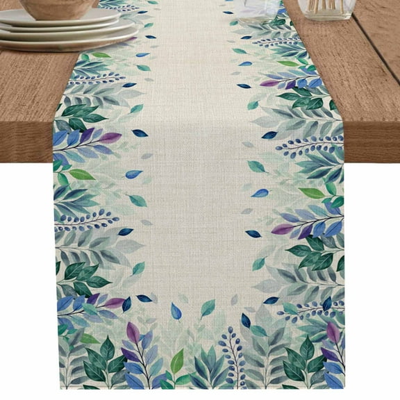 Watercolor Blue Green Leaves on Linen Table Runner-70 Inch Long Summer Botanical Table Runners Linen Burlap Tablerunner for Kitchen Dining Room Holiday Party