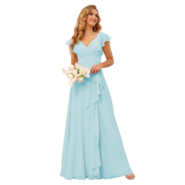 Vestido de dama de honor TIRAS Elegante cuello en V de gasa azul claro