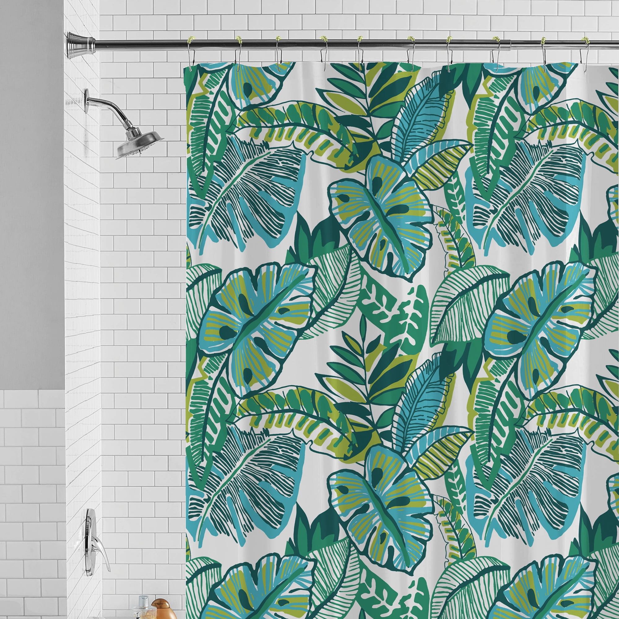 Mainstays Waterproof 30% Recycled PEVA Tropical Palms Shower Curtain Set & Hooks, 13-Piece Green