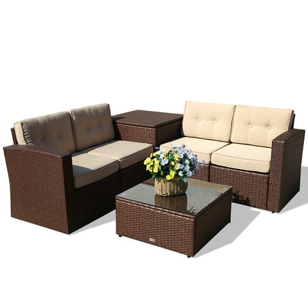 Outdoor Patio Furniture Set 6 Piece Rattan Sectional Furniture Sofa With Cushions Wicker Storage Box Aluminium Frame Brown Pe Wicker Beige