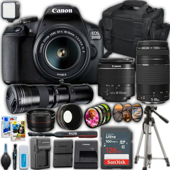 Canon EOS 2000D DSLR Camera With Canon EF-S 18-55mm DC III Zoom Lens   EF 75-300mm III Lens   420-800mm Super Telephoto Lens   128 GB Memory Card   Case   More (International Version)