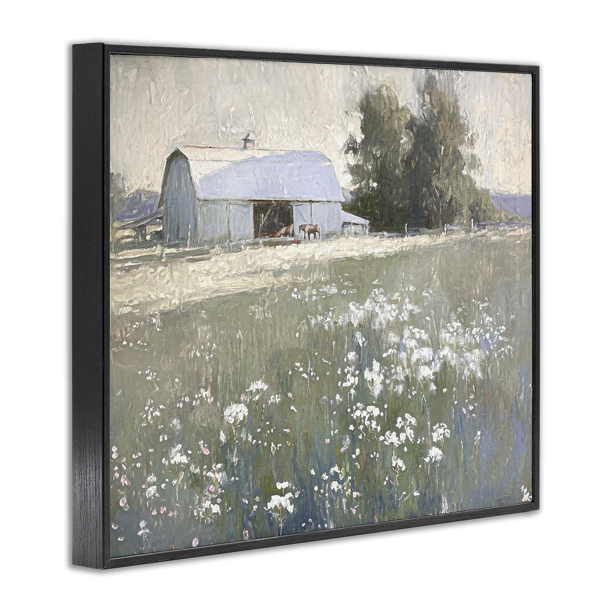 Stupell Industries Peaceful Farm Pasture Landscape Painting Black Framed Art Print Wall Art, 14 x 11
