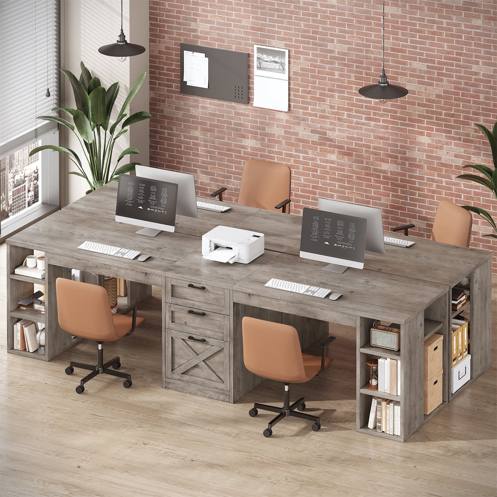 96.5 Inch 2 Person Desk with Storage, Farmhouse Double Desk with Drawers and Open Shelves, Home Office Desk with Printer Stand and File Drawer, Grey