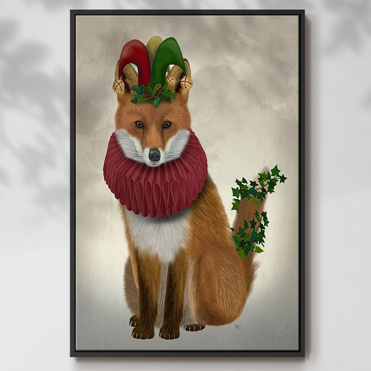 Christmas Holly and Ivy Fox - Framed Gallery Wrapped Holiday Canvas - 27 x 41 - Black Frame
