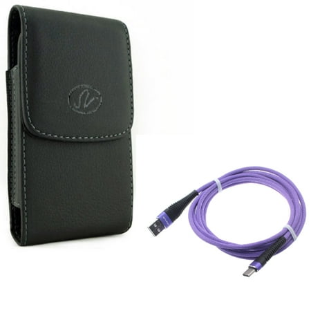 Black Leather Case Cover Protective Pouch w Purple Braided 10ft Long Type-C USB Cable Wire Sync Y7P for Huawei P30 Pro, Google Nexus 6P, Mate 9 20 10 - LG V20 V50 ThinQ 5G, V40 (Best Protective Case For Nexus 10)