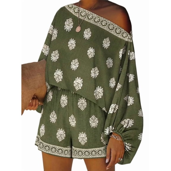 Women'S Off Shoulder Floral Print Playsuit Strapless Romper Short Jumpsuit Green S