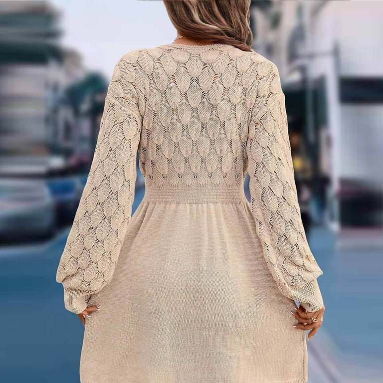 long sleeve short dresses skinny FASESH Women's Knit Sweater Dress Loungewear V Neck Thin Long Sleeve Fall Casual Knit Pullover Cover up Short Dresses Beige XL