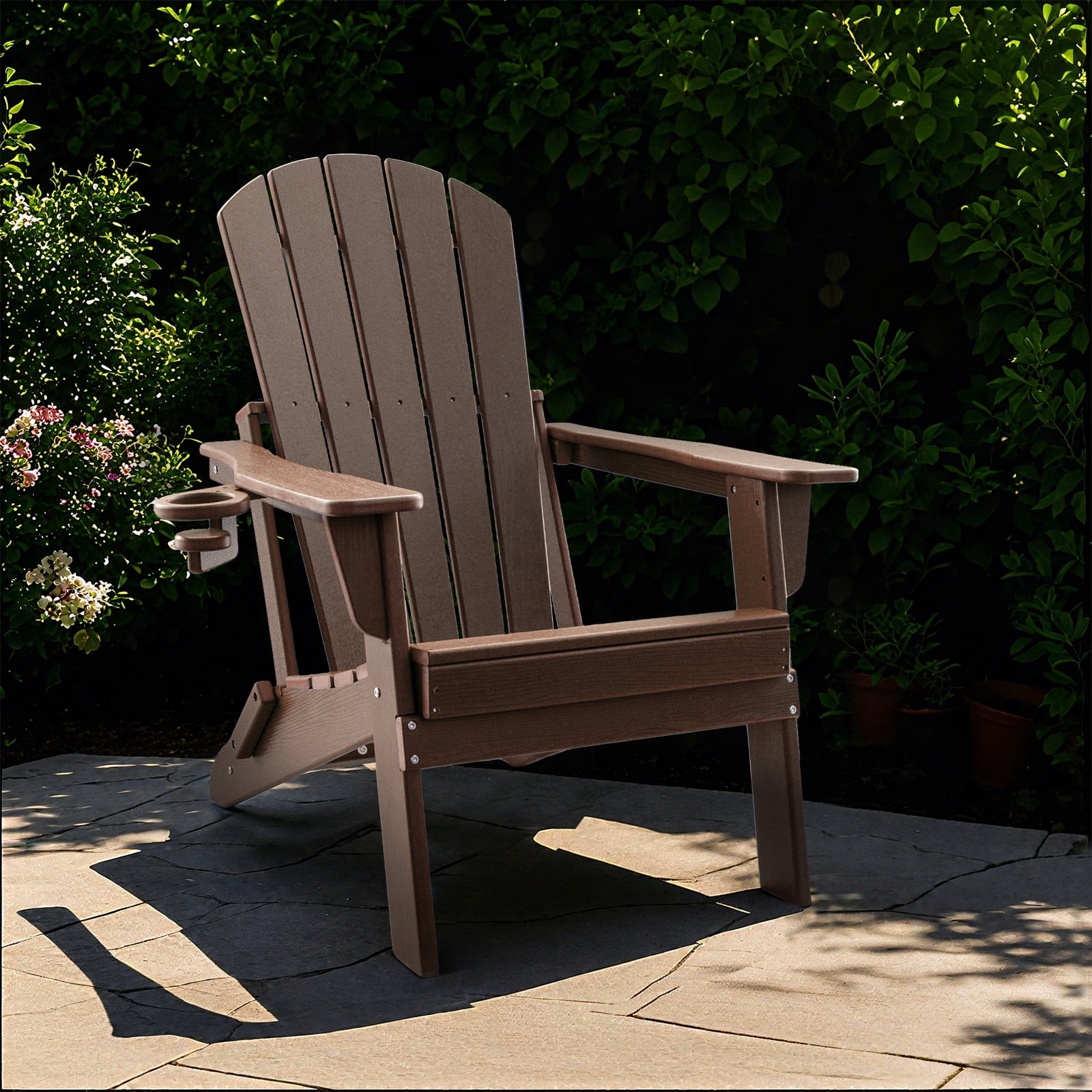 HDPE Folding Adirondack Chair with Cup Holder,Weather-Resistant, Low Maintenance,Supports up to 400lbs,Coffee,1 Pack