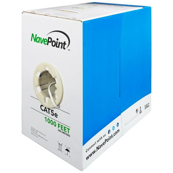 NavePoint Cat5e (CCA), 1000ft, White, Solid Bulk Ethernet Cable, 24AWG 4 Pair, Unshielded Twisted Pair (UTP)