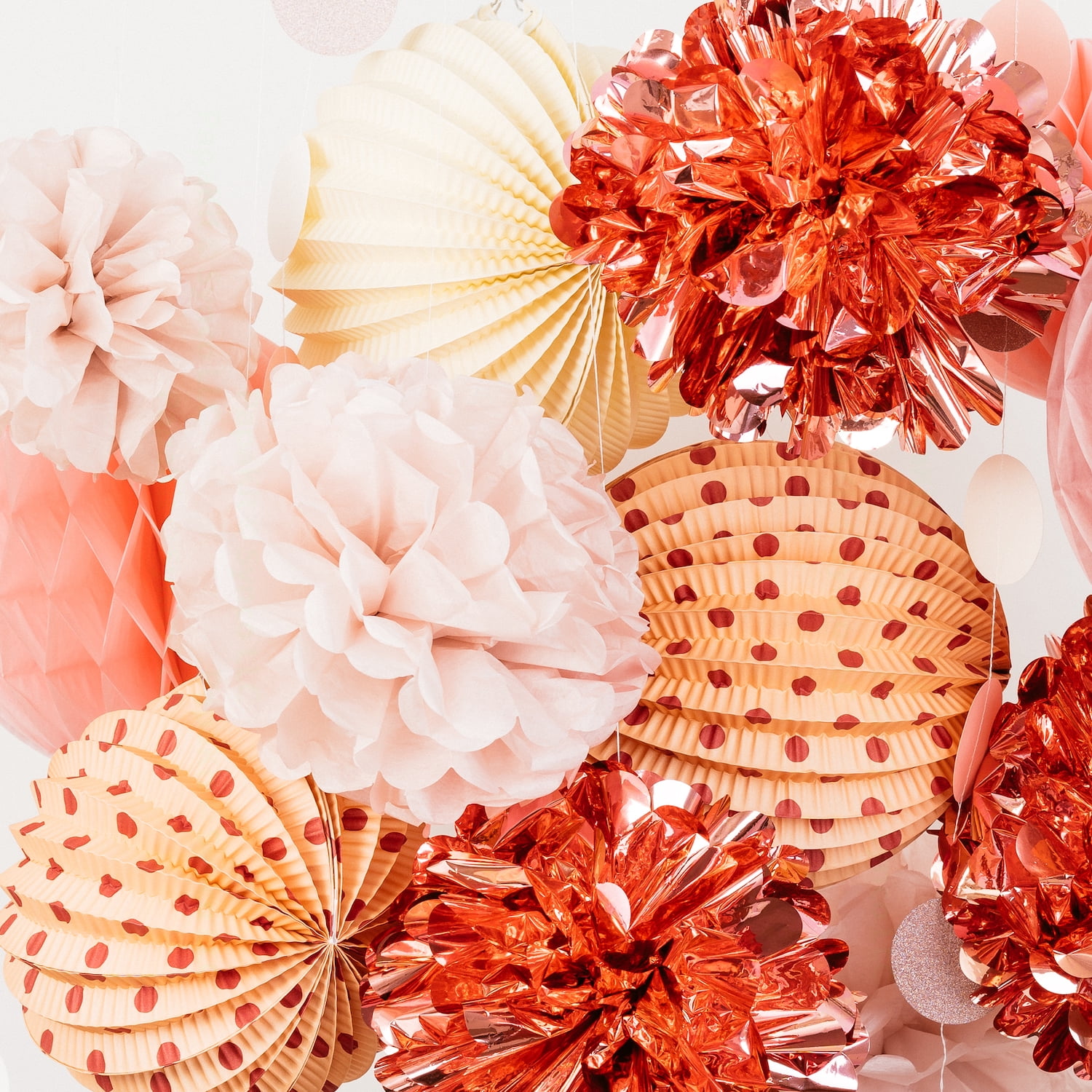 PapaKit Premium Paper Decoration Set - Pom Pom, Honeycomb and Accordion Lantern (Dusty Rose Bloom with Metallic Rose Gold) Birthday Party Baby Shower Bride to Be Engagement Wedding Events