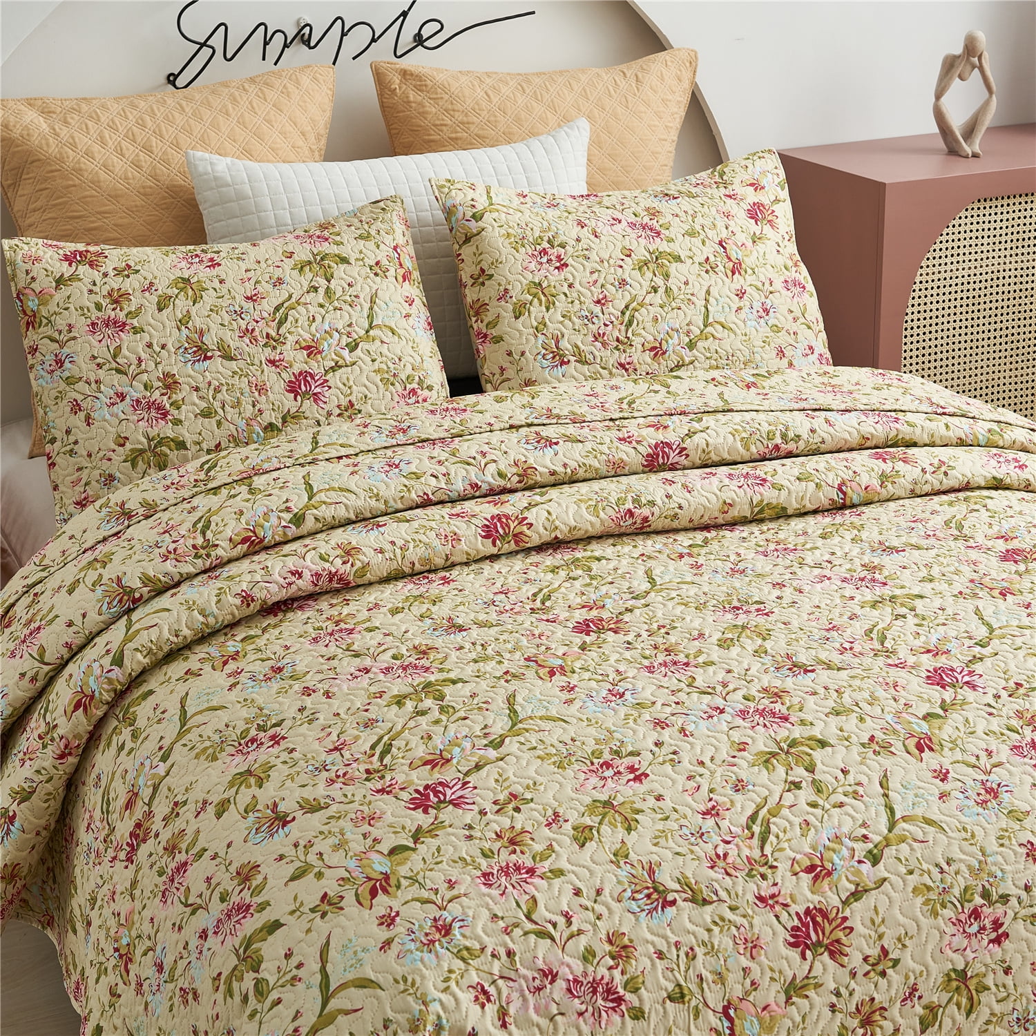 JML Quilt Set 3-Piece Queen Size, Soft Reversible 1 Quilt & 2 Shams Bedspread Coverlet Set,Beige Floral