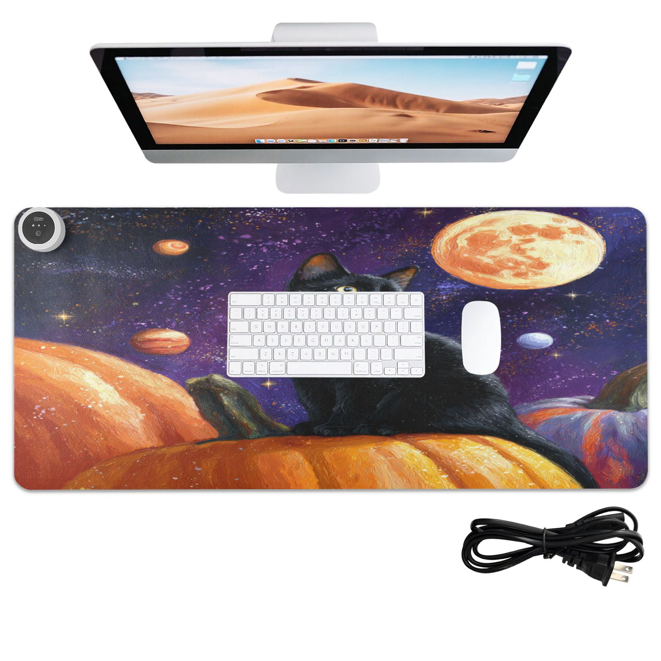 Large Heated Desk Mat Mouse Pad 31.5"x13"PU Leather Graphene Heating Desk Warmer with 3 Temperature Settings 110V US Plug Non-Slip Warm Pad for Home, Office, and Gaming Black Cat Pumpkin and Planet