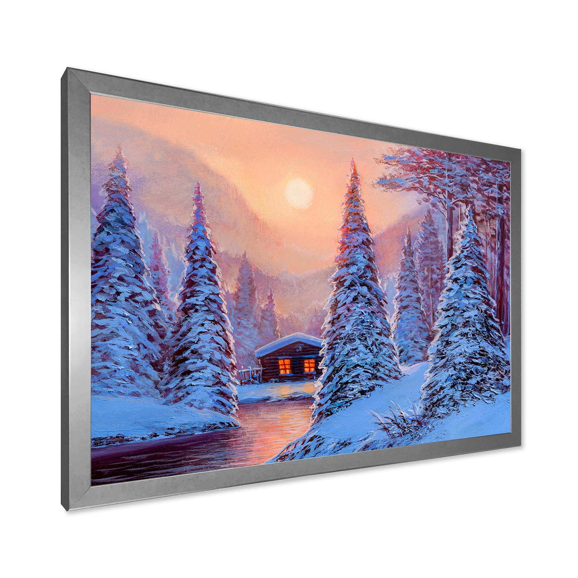 Designart 'The River House In The Woods and Winter Landscape I' Lake House Framed Art Print