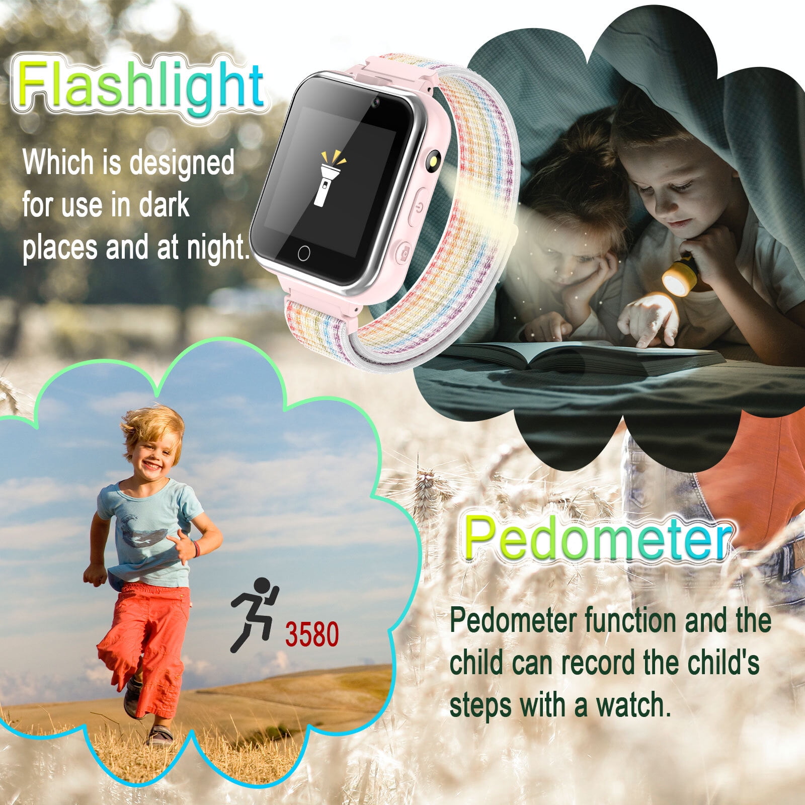 PTHTECHUS 1.54" Smart Watch for Boys Girls Smartwatch for Kids with Dual Camera Games Pedometer Video MP3 Flashlights Calculator Alarm Clock Children Touch Screen Pink