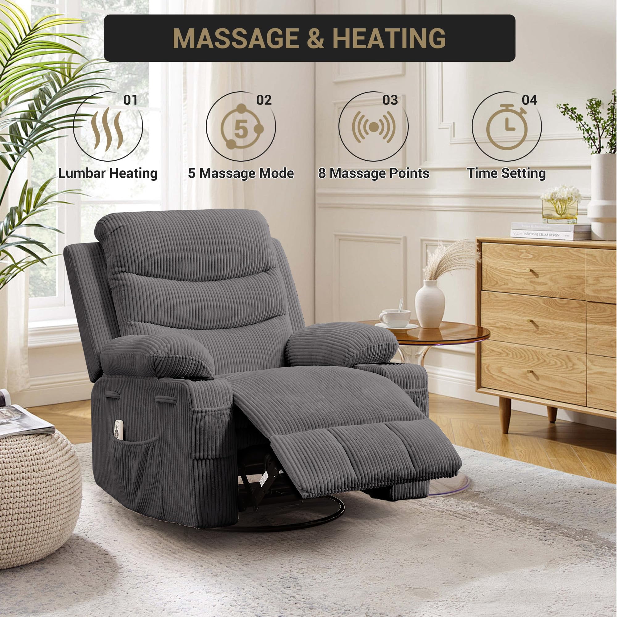 Recliner Chair Nursery, Oversized Manual Reclining Rocking Chair, 360 Swivel Glider with Cup Holder, Massage and Heat Recliner, Indoor Small Single Sofa Chairs for Adults RV Bedroom, Beige/Grey/Brown
