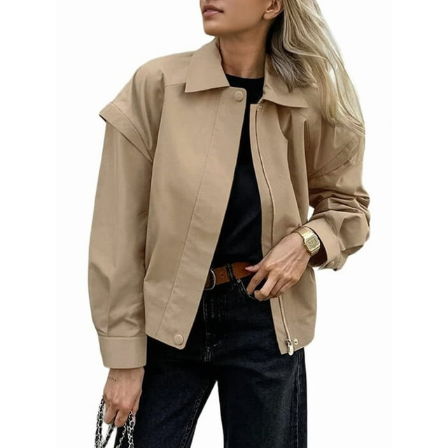Womens Casual Zip Up Trendy Motorcycle Jacket Khaki S