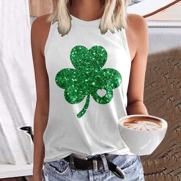 Wangmeiwg St Patricks Day Shirt Women Women's Tanks & Casual Sleeveless Print Tank Tops for Summer Beachwear Basic Loose Fit Vest T-Shirt White L