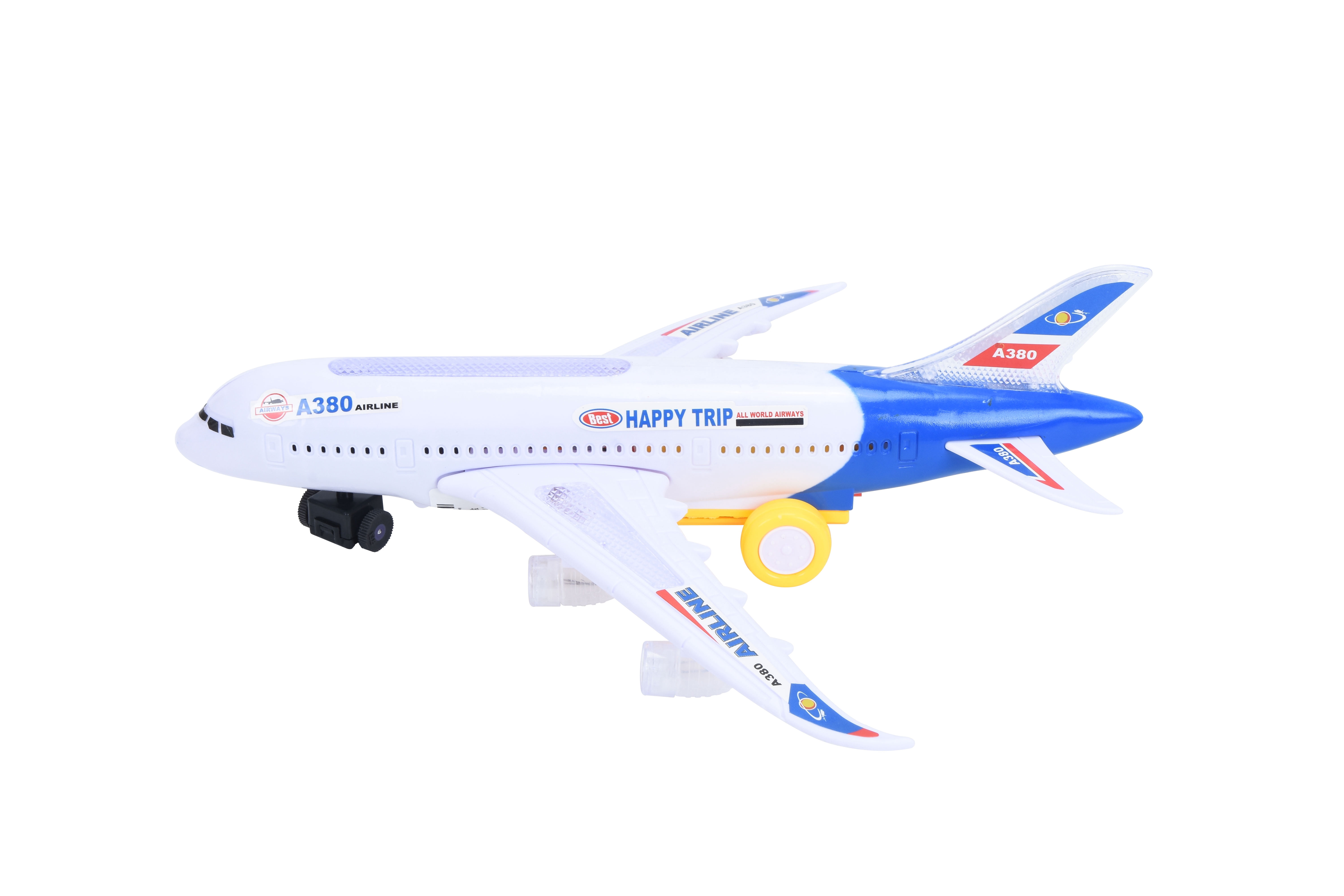 PlayWorld All Aboard! Bump and Go Electric Air Bus A380 Kids Action Airplane - Model Plane with LED Lights and Sounds - Changes Direction On Contact - Blue