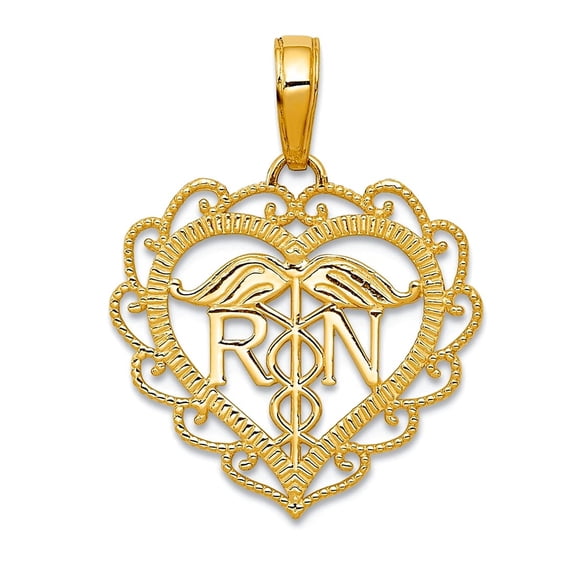 18mm 10k Solid Yellow Gold Registered RN Nurse Caduseus Love Heart Pendant Necklace Pendant for Women
