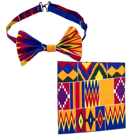 XIAOHUAGUA 2 Pcs African Kente Bow Tie Pocket Square Kente Print Bow Tie and Squares for Men Black History Month