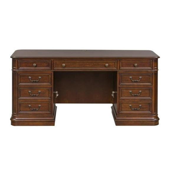 Pemberly Row Contemporary Metal Executive Desk in Mahogany