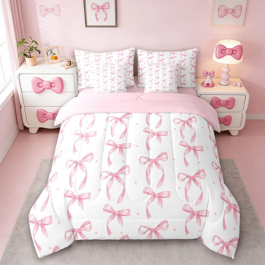 Manfei Pink Bow Comforter Set for Girls,Cute Ribbon Bowknot Bedding Set 7Pcs,Chic Aesthetic Princess Room Decor,All Season Cozy Quilt for Kids Bedroom,Twin Size,Pink Reversible