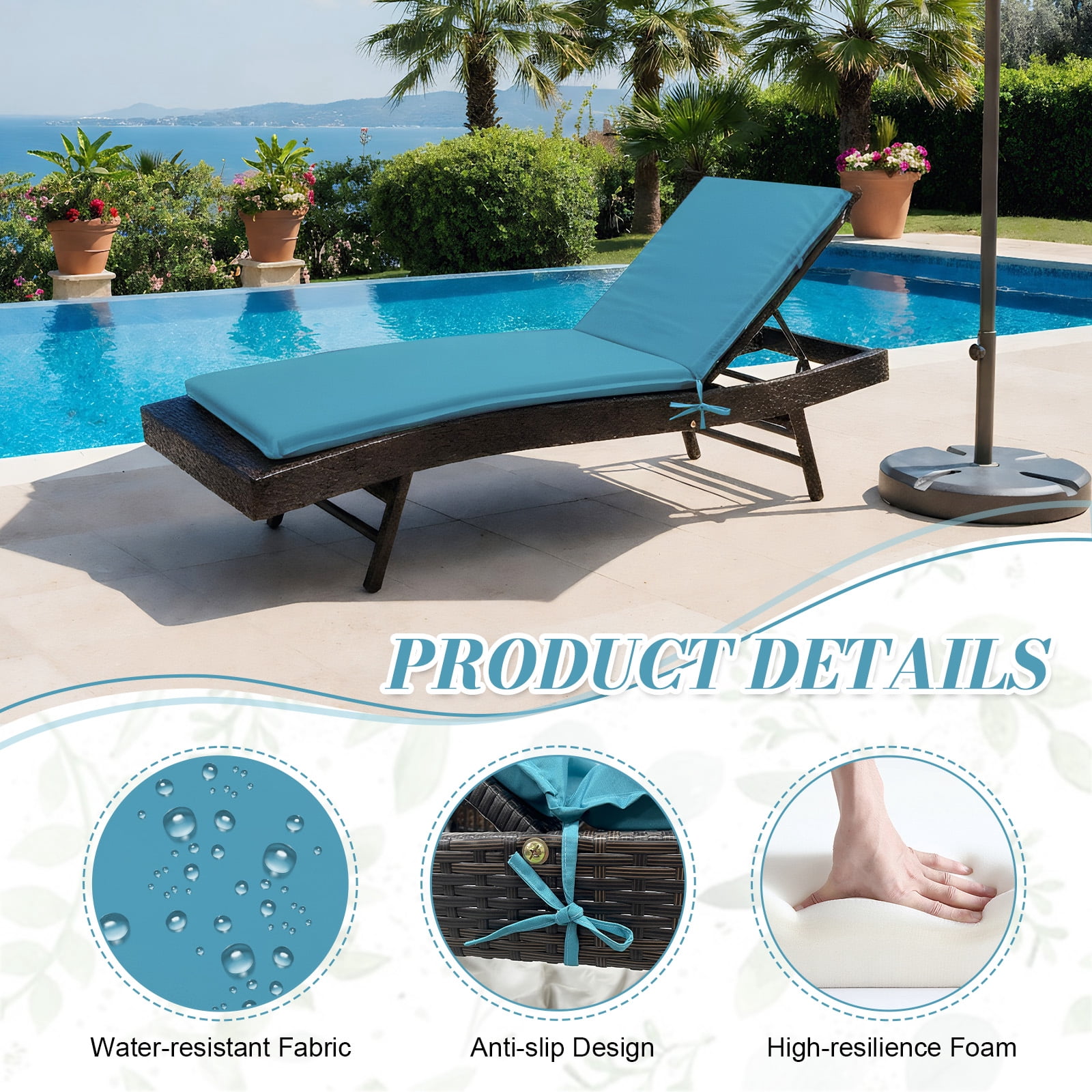 Eurhowing Outdoor Chaise Lounge Cushion 76"×23"×3", Waterproof Thick Patio Furniture Cushions with Straps, High-Density Foam Chair Pads for Poolside & Deck, 1 Pack, Blue