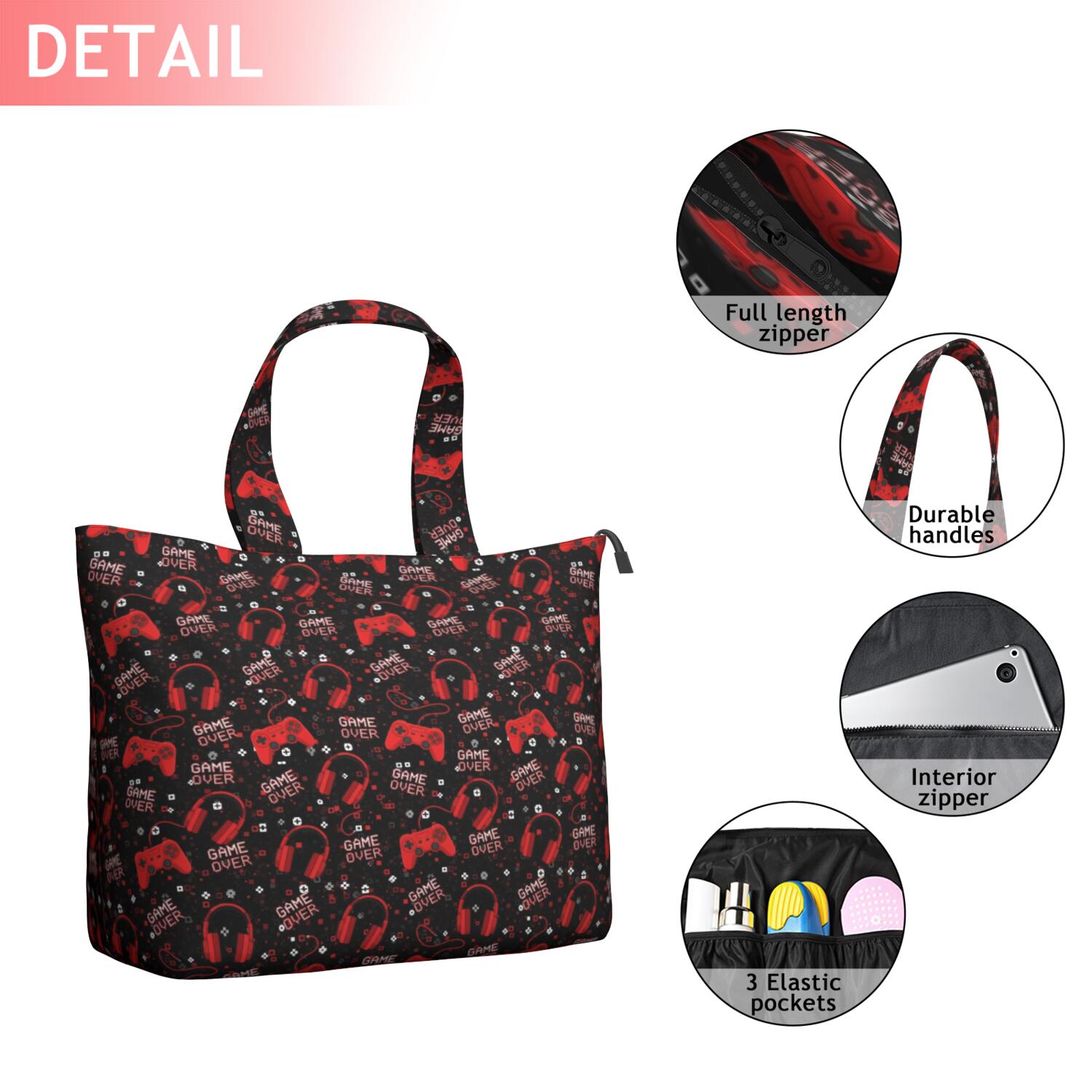 Red Controllers Games Icons Black Pattern Travel Tote Bags for Women Carry On,Large Weekender Bags for Women Travel,Multi Functional Duffle Bag for Work,Shopping,Sports
