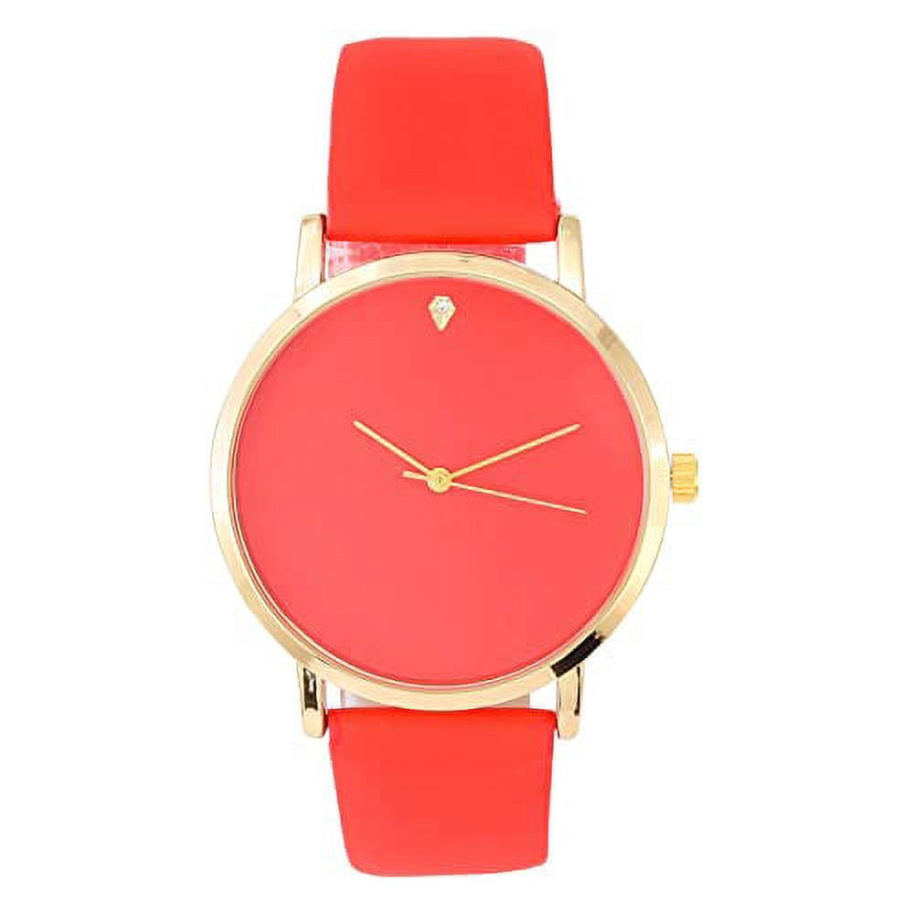 Simone Chic Simple and Streamlined, Diamond Teardrop at 12 o'clock - Elegant Women's Round Dial Rubber Band Sleek Designer Wrist Watch - ST10458 Gld - Red
