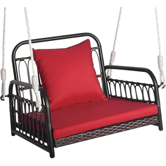 THJTDH Hanging Porch Swing, Single Person Outdoor Hanging Seat w/Back Cushion & Seat Cushion, Ropes, Porch PE Wicker Swing, Perfect for Garden, Deck, 400 lbs Capacity