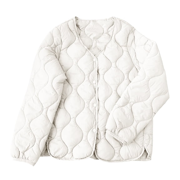 SELONE Women's Winter Coats Short Puffer Jacket Button Long Sleeve Crewneck Tops with Pockets Soft Outerwear White 2XL
