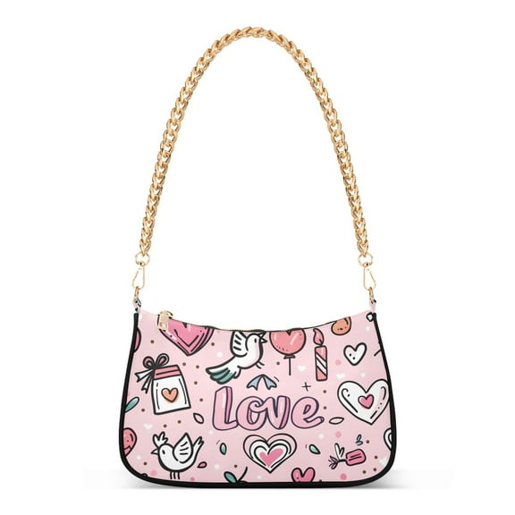 Pink Love Hearts BirdsWomen Small Shoulder Bag Crossbody Tote Hobo Bags Purse Clutch Handbags with Chain Strap for Women