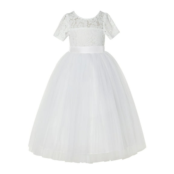 Ekidsbridal Girl Bridesmaid Flower Girl Dress - Ivory Floral Illusion Lace with Floor Length Tulle LG2R-A (Size: 2-12)