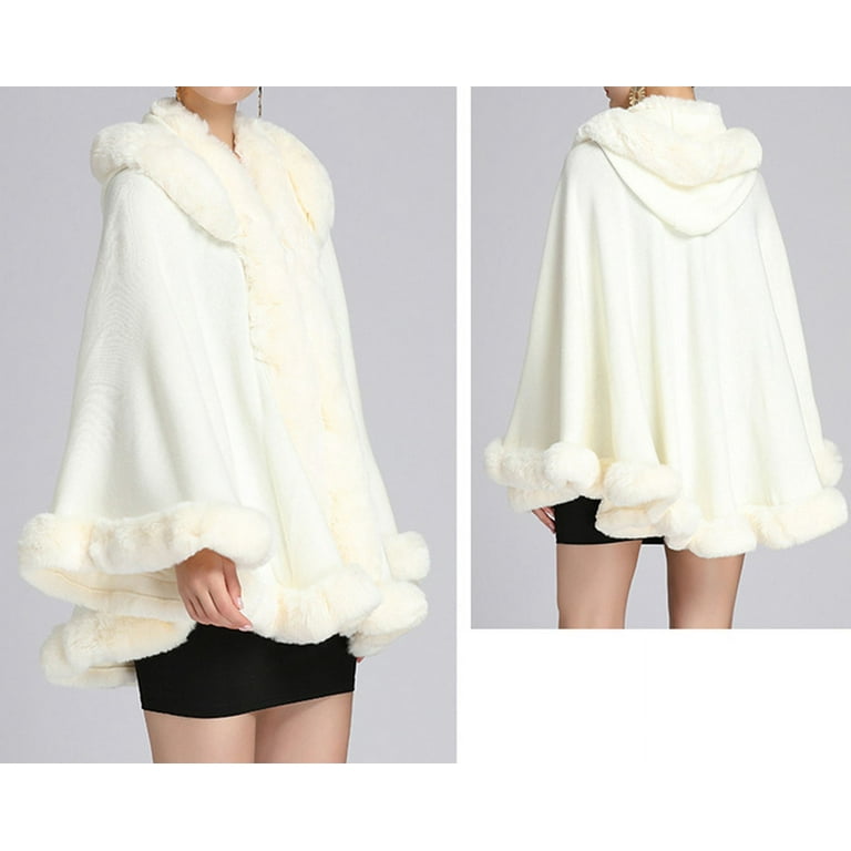 DJBM V-neck Hooded Faux Fur Cloak Fluffy Thermal Casual Bat