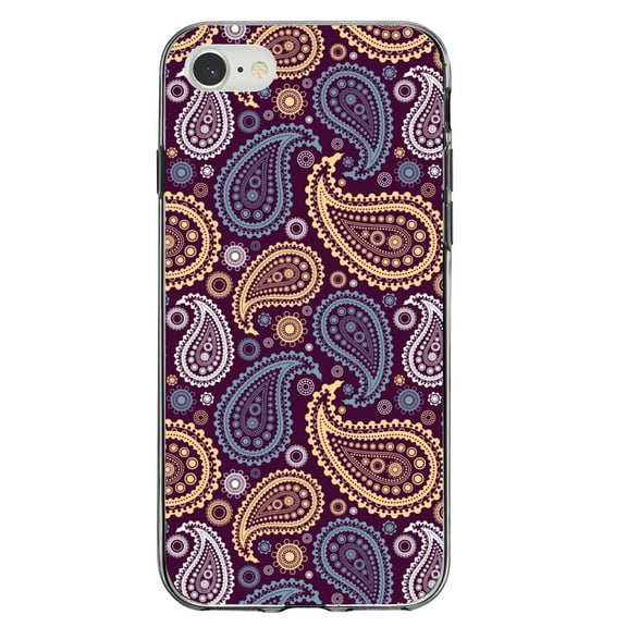 DistinctInk Clear Shockproof Hybrid Case for iPhone 7 8 SE (2020 Model) 4.7" Screen TPU Bumper Acrylic Back Tempered Glass Screen Protector - Purple Yellow Blue Paisley