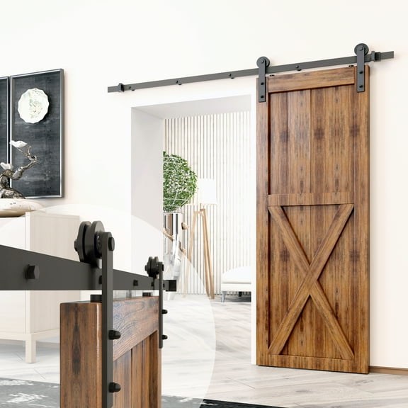 Homacer Black Rustic Sliding Barn Door Hardware Kit, for One/Single Door, 6.6ft Long Flat Track, Straight Design Roller, Heavy Duty, for Interior & Exterior Use