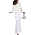 thumbnail image 3 of Women Long Sleeve Maxi Dress Deep V Neck Ruched Bodycon Elegant Semi Formal Wedding Guest Dresses White L, 3 of 9