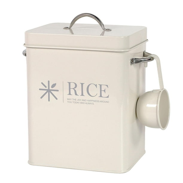 Contenedor de almacenamiento de arroz de Metal, bote de arroz con tapa, recipiente con cuchara, contenedor de harina para lavandería, almacén,