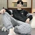 thumbnail image 3 of comerut 2 Pcs/Set Men Winter Pajamas Set Round Neck Long Sleeve Thick Twisted Texture Loose Elastic Waist Warm Soft Pockets Contrast Color Men Homewear Top Pants Set, 3 of 8