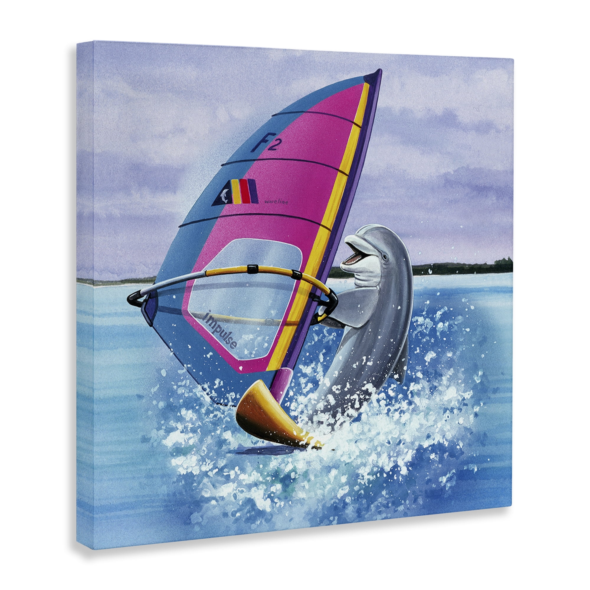 Stupell Industries Wind Surfer Dolphin Animals Painting Wrapped Canvas Art Print Wall Art, 24 x 24