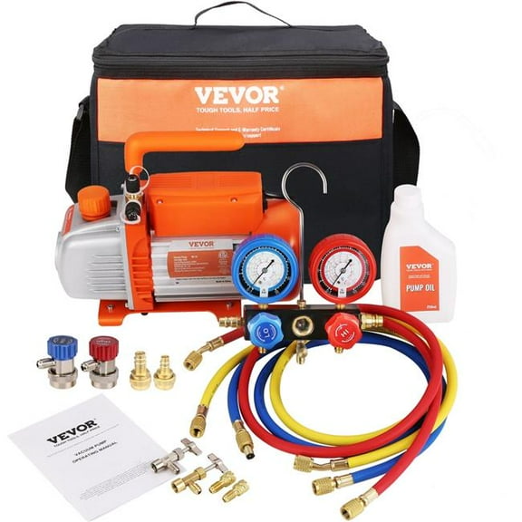 Vevor K35CFM150WA2L21TAV1 0.2 HP 3.5 CFM AC Vacuum Pump & Gauge Set, Single Stage Rotary Vane HVAC Air Vacuum Pump AC Refrigerant Kit Manifold Gauge Set