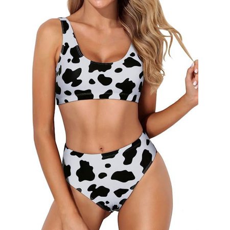 Women Two Piece Scoop Neck Bikini Crop Top High Cut Swimsuit Sporty High Waisted Bathing Suit with Bottoms